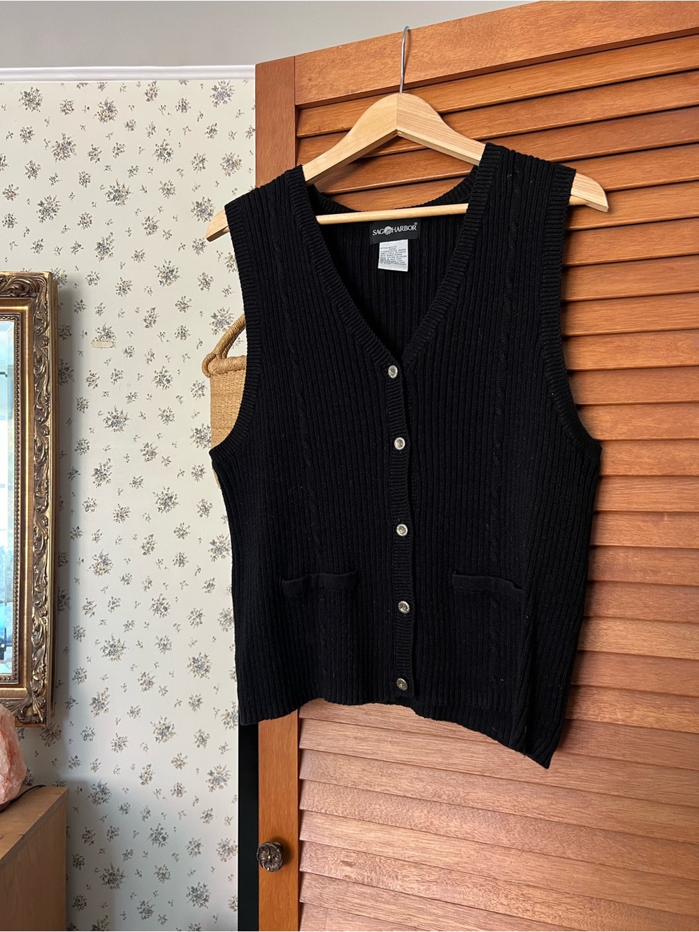 Black Ribbed Button-Front Sweater Vest